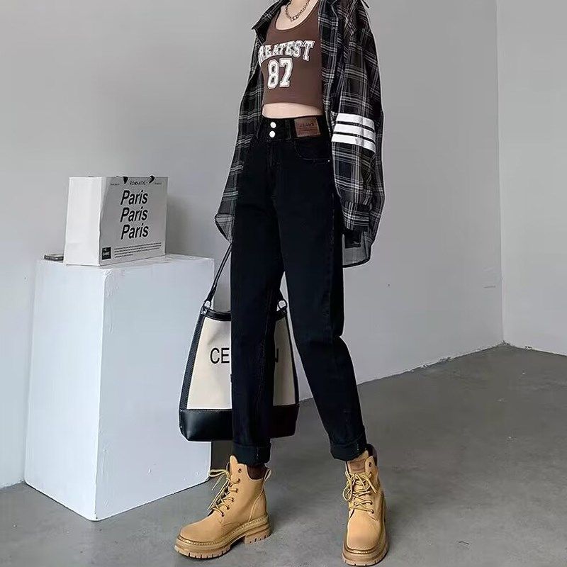 小个子老爹裤女九分牛仔裤高腰2024年新款黑色宽松直筒萝卜哈伦裤,女装/女士精品,牛仔裤,淘宝优惠券,粉丝福利购,淘宝优惠卷