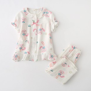 睡衣套装 短裤 纯棉女孩家居服 全棉纱布儿童女童可爱卡通短袖 夏季