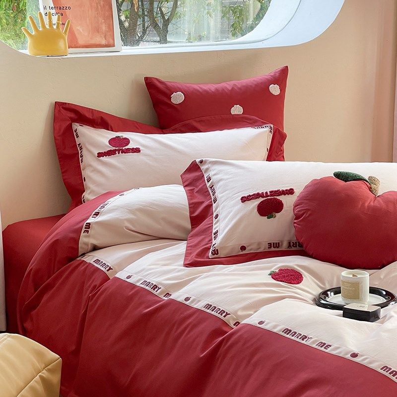 韩式婚庆100支全棉四件套精致毛巾刺绣纯棉拼接被套结婚床上用品