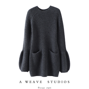 迷人!大克重厚灯笼袖羊绒衫女中长款圆领修身纯羊绒毛衣连衣裙子