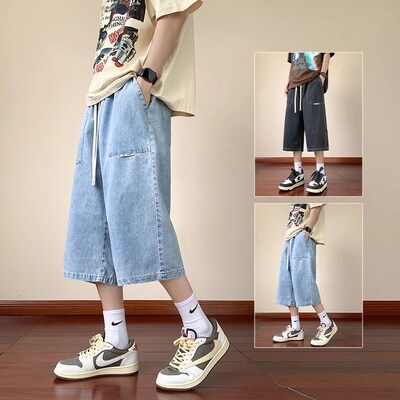 夏季薄款牛仔短裤男孩13初中学生青少年15岁大童休闲直筒七分裤子