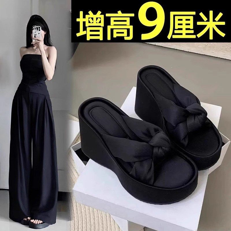 黑色高跟拖鞋女夏外穿2025新款厚底配裙子绝美时尚网红坡跟凉拖鞋,女鞋,一字拖,淘宝优惠券,粉丝福利购,淘宝优惠卷