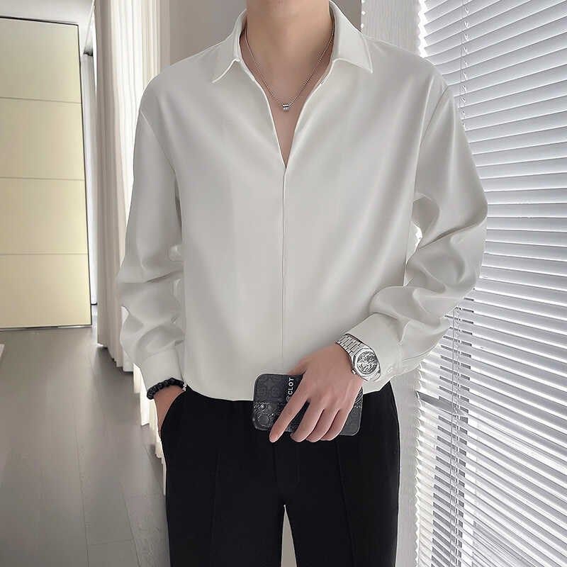 潮牌衬衫男长袖春秋季2025新款深V领高级感套头韩版潮流白色衬衣