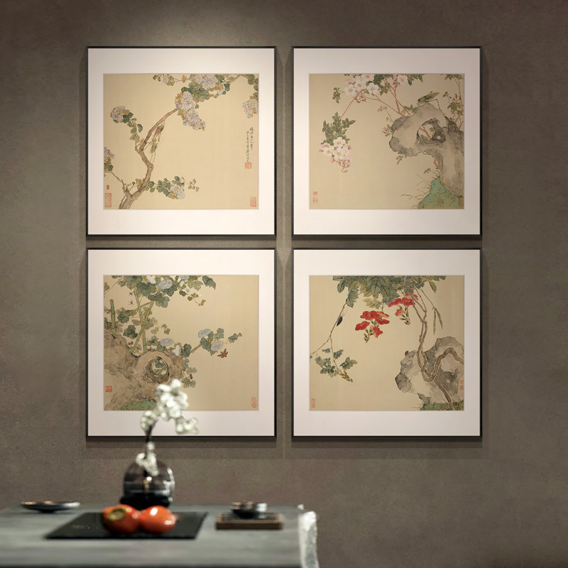 新中式酒店餐厅装饰画玄关花鸟图多联国画客厅高级感背景墙挂画
