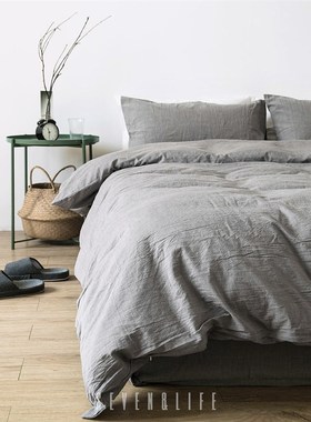 纯棉简约水洗棉麻民宿北欧黑色全纯色床单床上用品灰色三四件套男