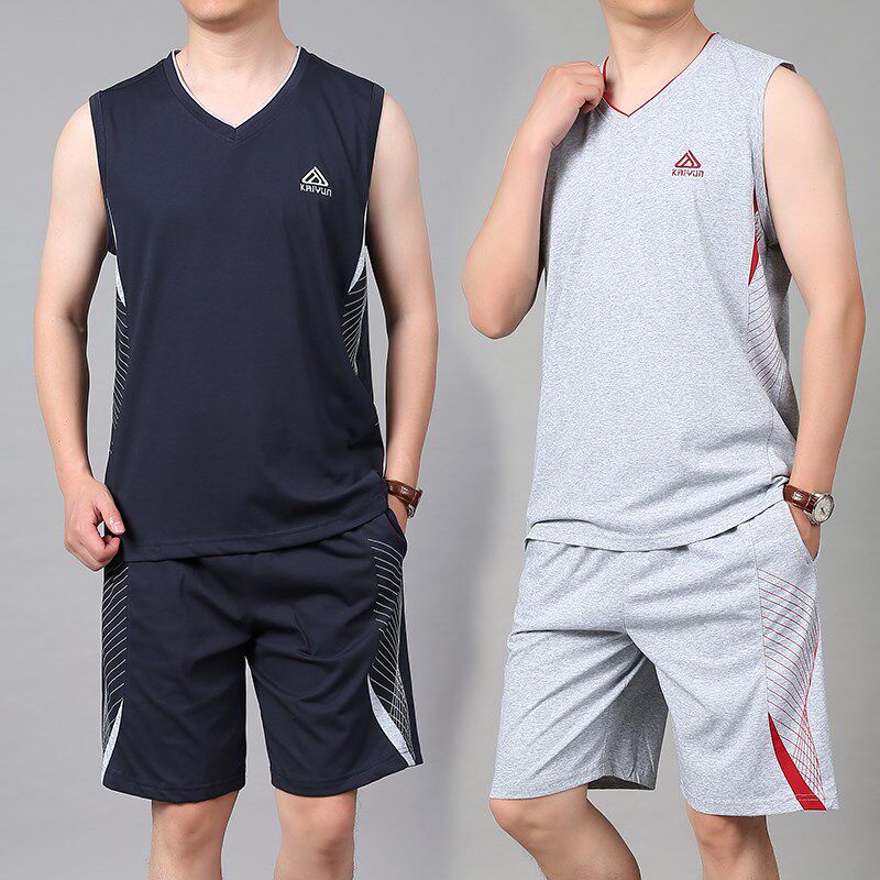 夏季纯棉无袖运动服套装男大码休闲健身跑步服背心短裤篮球服套装