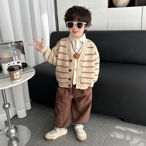 男童春装套装2025新款洋气儿童春秋韩版毛衣外套宝宝时髦三件套潮