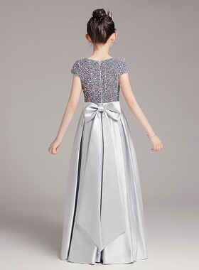 女大童钢琴礼服灰色幻彩亮片长款演出服公主裙儿童主持人表演服秋
