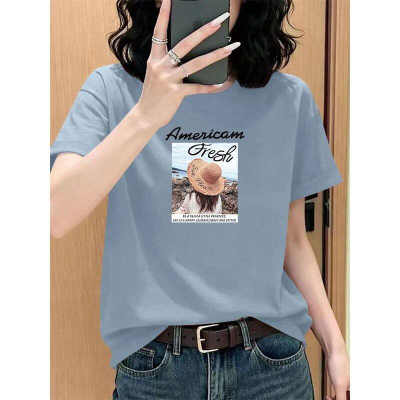 100%纯棉短袖印花圆领T恤女