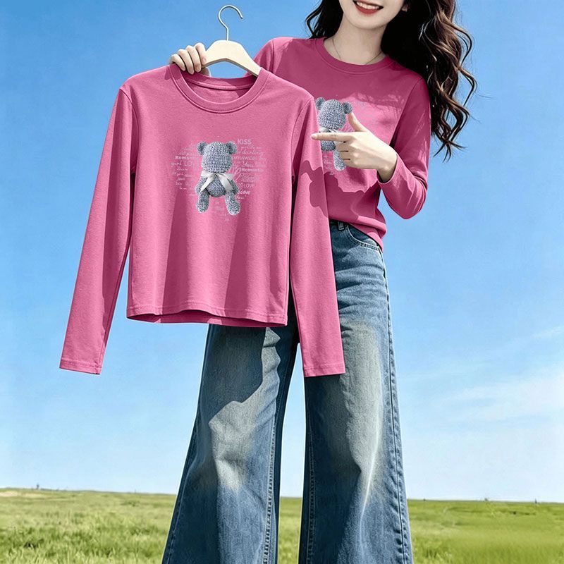 100%纯棉紫红色长袖内搭T恤女