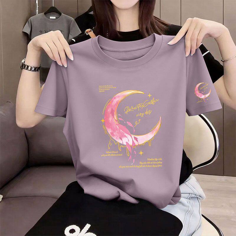 芋紫色纯棉短袖印花T恤女
