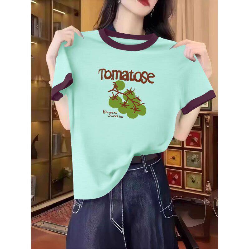 薄荷绿纯棉短袖短款印花T恤女