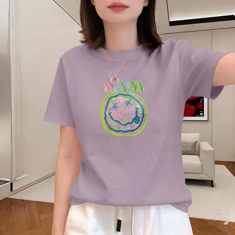 芋紫色涂鸦笑脸短袖纯棉T恤女