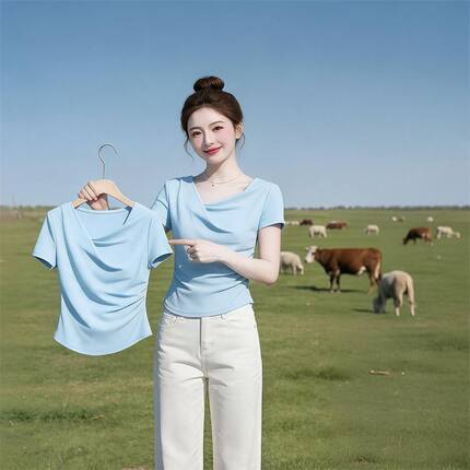 夏季时尚气质荡荡领短袖打底T恤女韩系新款潮流百搭显瘦设计上衣