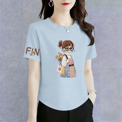 100%纯棉短袖弧形下摆T恤女