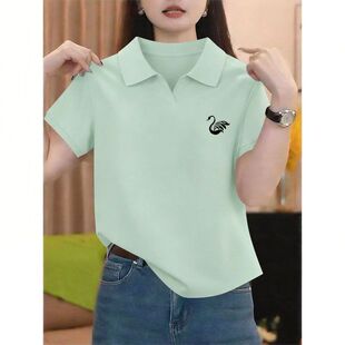 抹茶绿短袖纯棉翻领T恤POLO衫女夏季新款时尚韩版百搭弧形上衣服