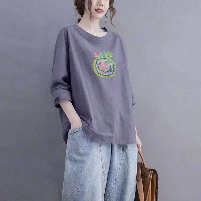 100%纯棉长袖印花T恤女春秋新款时尚韩版百搭显瘦印花简约上衣服