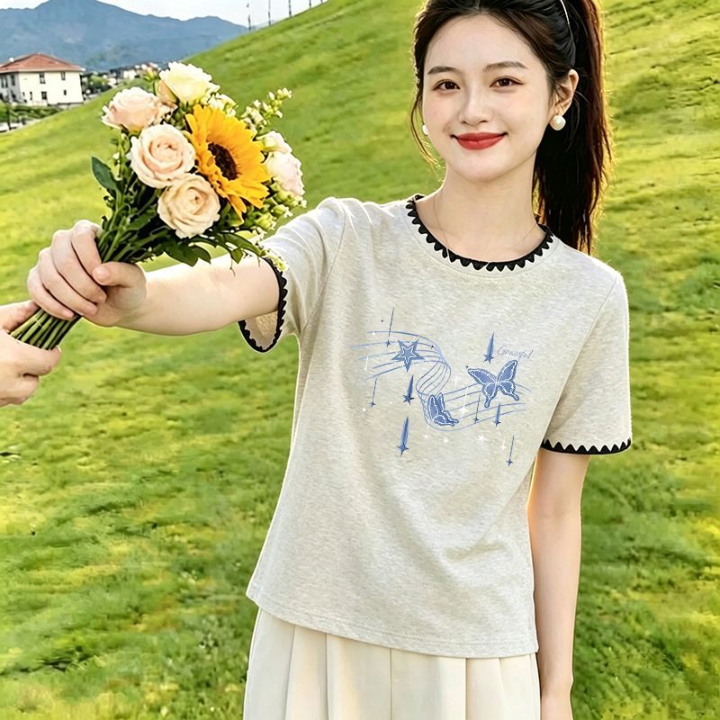 纯棉撞色花边短袖印花T恤女