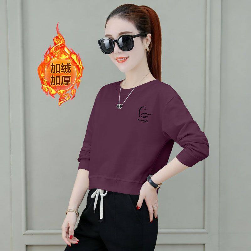 纯棉复合银狐绒加绒加厚短款卫衣女秋冬新款韩版宽松显瘦印花外套