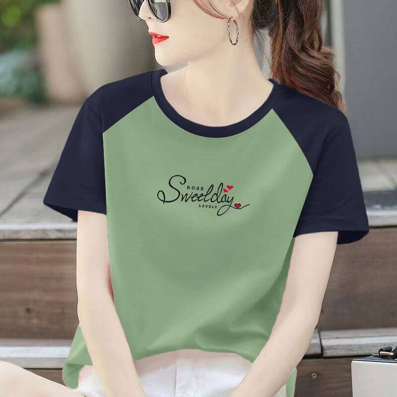 纯棉插肩袖短袖T恤女时尚洋气