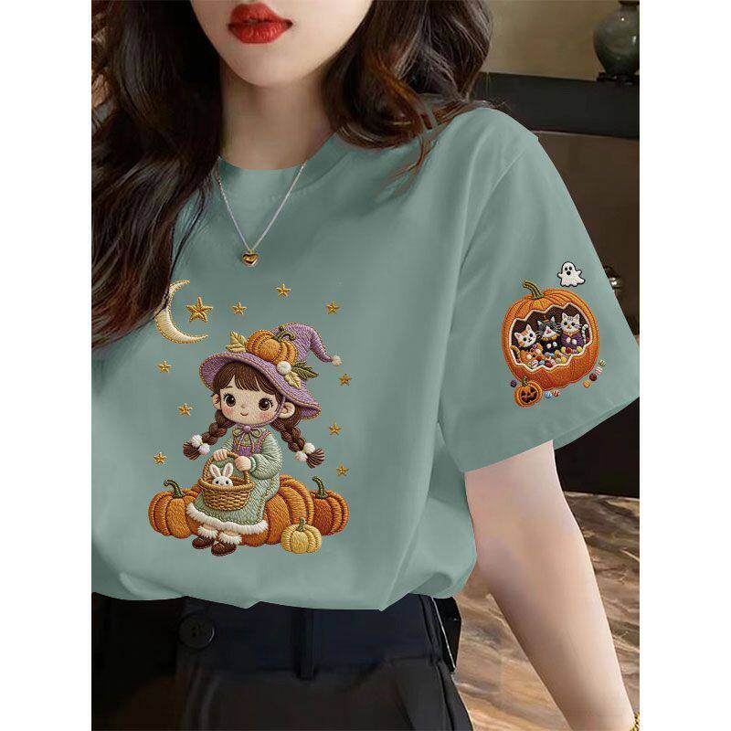 夏季纯棉短袖南瓜印花T恤女时尚新款韩版百搭显瘦基础款圆领上衣