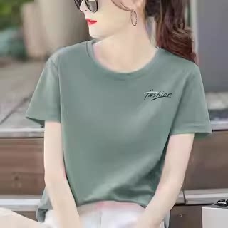 薄荷绿纯棉短袖印花T恤女夏季