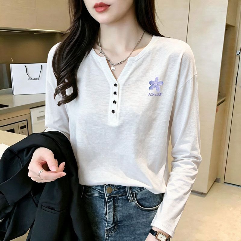 秋季长袖竹节棉白色V领T恤女