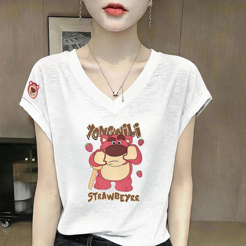竹节棉短袖V领飞飞袖T恤女