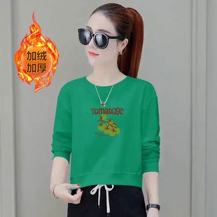 秋冬纯棉绿色加绒加厚短款高腰卫衣女时尚洋气韩版宽松显瘦上衣潮