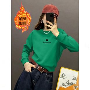 秋冬纯棉绿色加绒加厚短款高腰卫衣女时尚潮流百搭宽松显瘦外套服