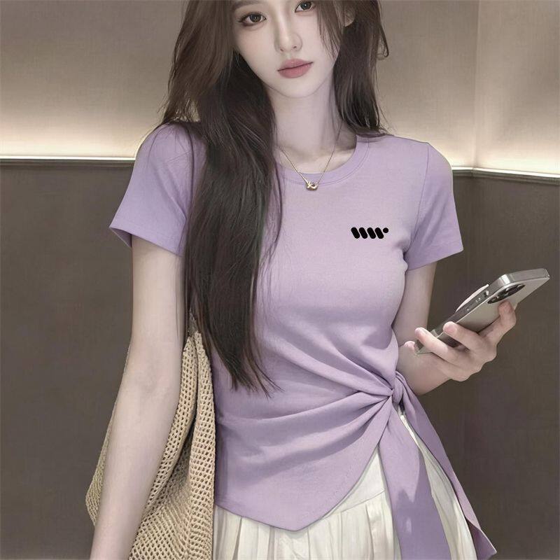 夏季韩系绑带扭结短袖开叉T恤女时尚潮流百搭不规则设计感ins上衣