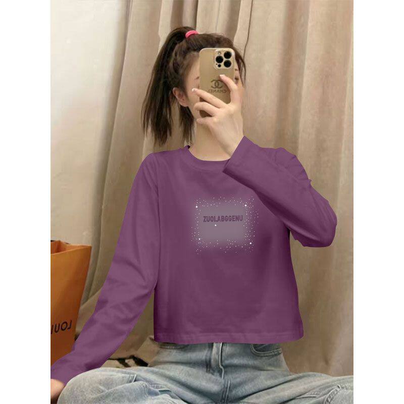 春秋时尚短款纯棉长袖印花T恤女韩版宽松显瘦百搭小个子休闲上衣