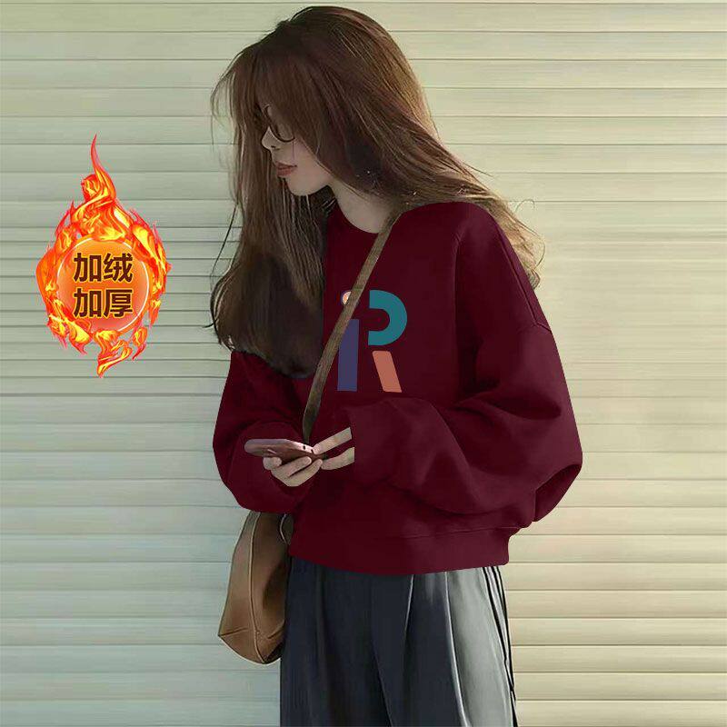女士纯棉加绒加厚短款酒红卫衣