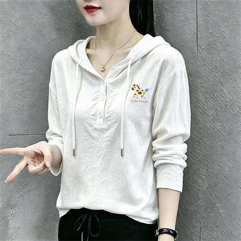 竹节棉白色长袖连帽打底衫T恤女