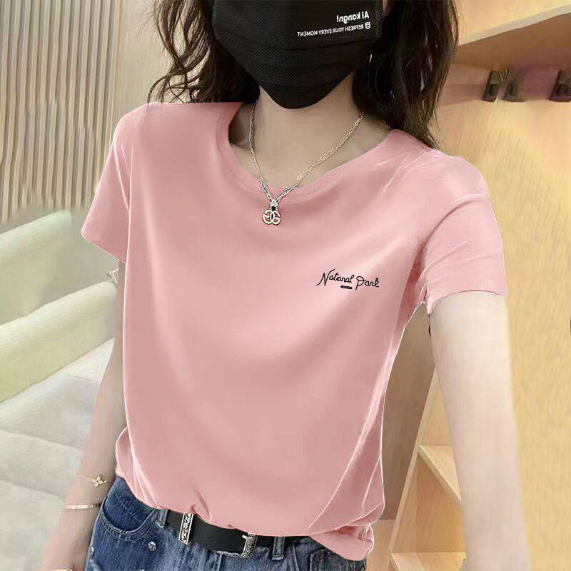 100%纯棉皮粉色短袖印花T恤女夏季时尚潮流百搭宽松显瘦圆领上衣