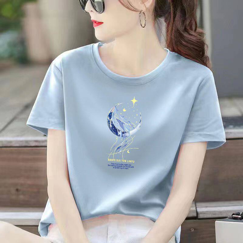 100%纯棉浅蓝色短袖印花T恤女