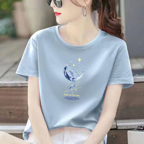 100%纯棉浅蓝色短袖印花T恤女