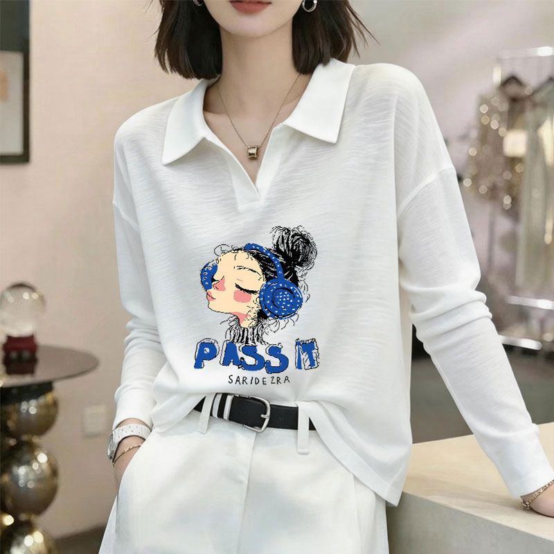 竹节棉白色长袖翻领T恤POLO衫女