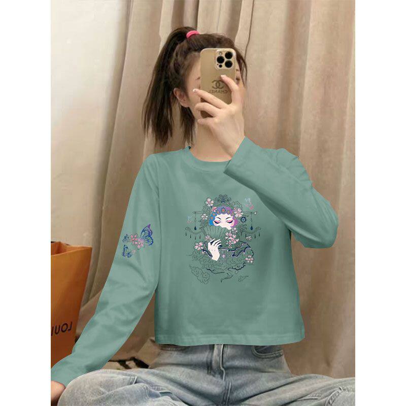 春秋时尚短款纯棉长袖印花T恤女韩版洋气潮流百搭小个子休闲上衣