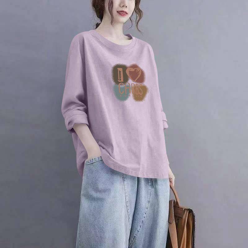 春秋100%纯棉长袖印花圆领T恤女韩版宽松遮肉显瘦通勤简约ins上衣