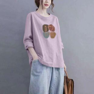 春秋100%纯棉长袖 宽松遮肉显瘦通勤简约ins上衣 印花圆领T恤女韩版