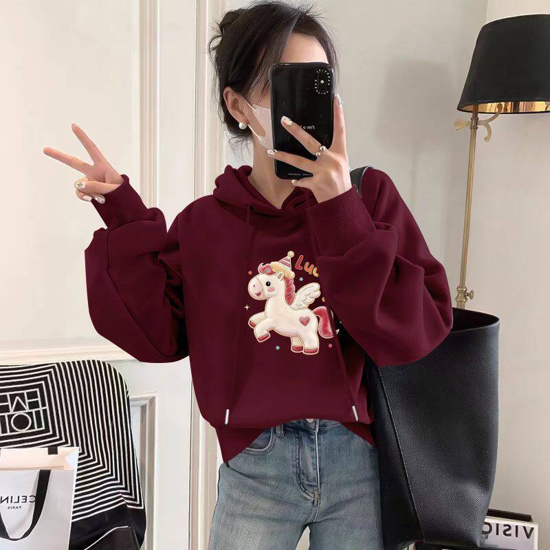 秋冬加绒加厚纯棉酒红色短款连帽卫衣女潮流洋气百搭小个子上衣服