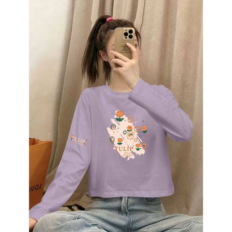 100%纯棉长袖印花短款高腰T恤女春秋新款韩版宽松显瘦休闲上衣服