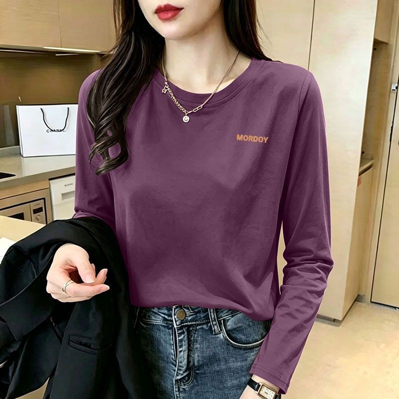 纯棉兰花紫长袖印花圆领T恤女