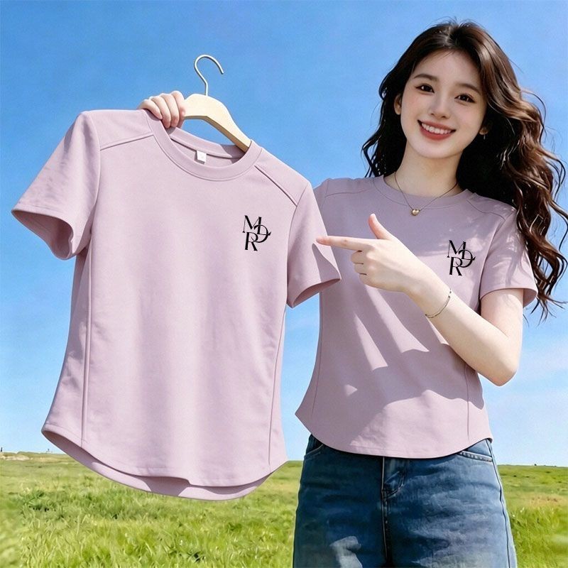 100%纯棉韩系短袖弧形T恤女夏季新款时尚潮流百搭显瘦鱼骨ins上衣
