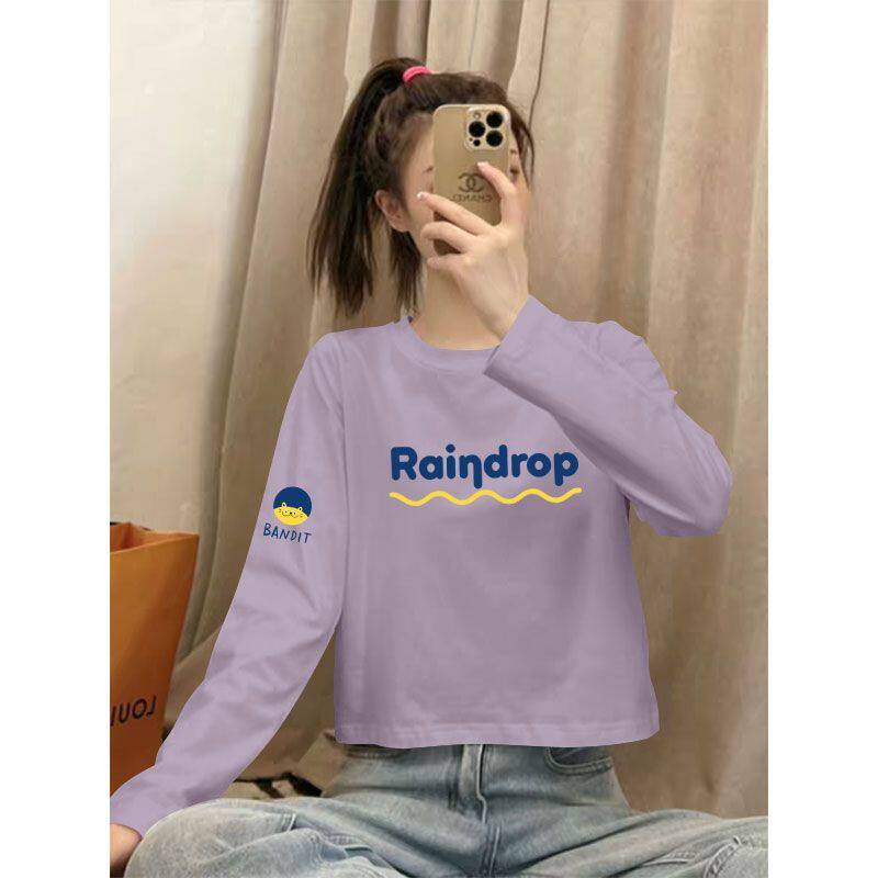 春秋新款长袖短款高腰T恤女时尚潮流洋气百搭小个子圆领印花上衣