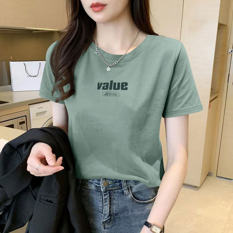 薄荷绿纯棉短袖印花T恤女时尚