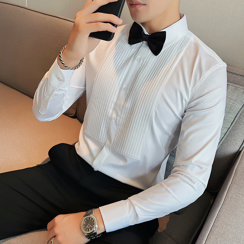 新郎结婚长袖主持人衬衫褶皱白色礼服衬衫婚礼宴会演出伴郎寸衫男