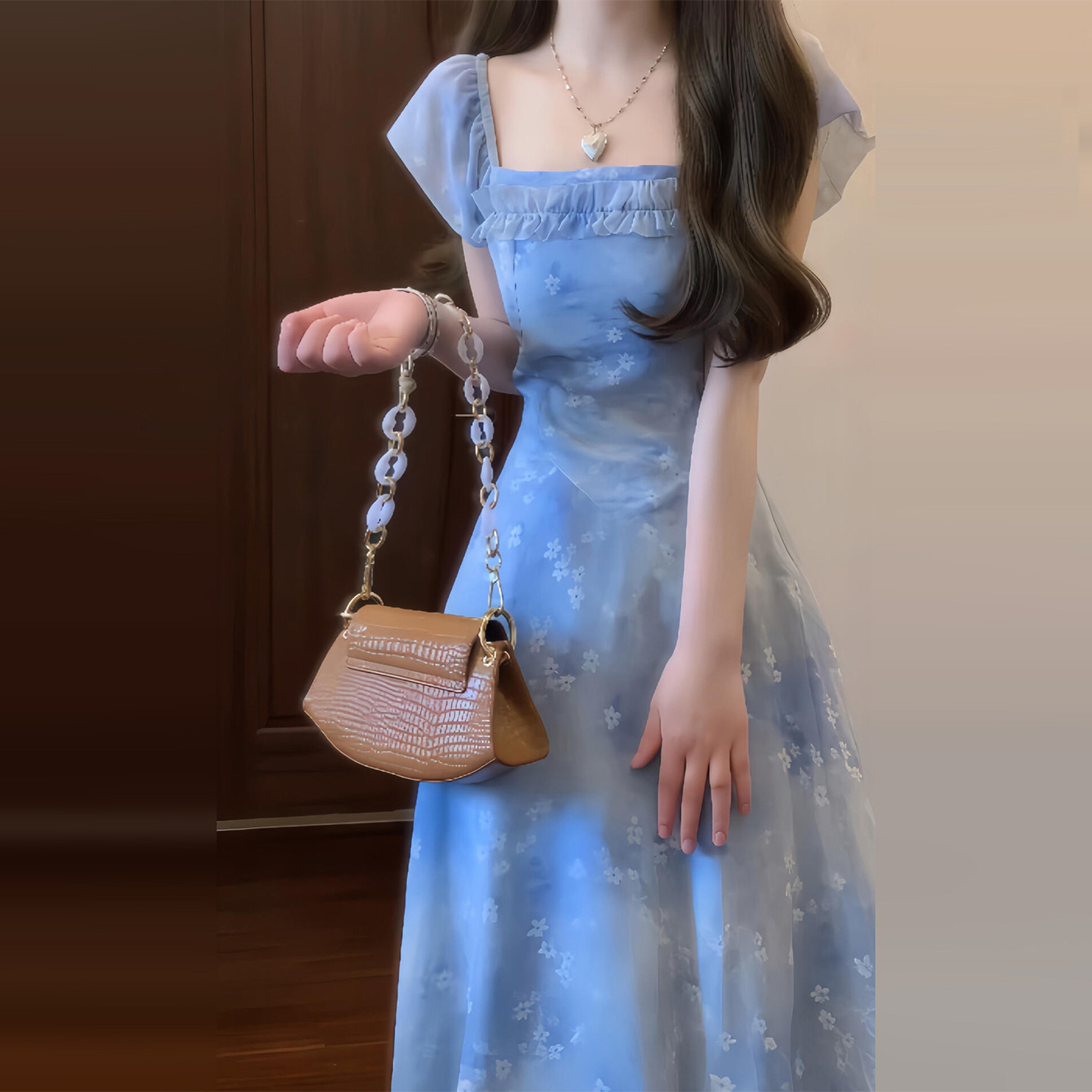法式蓝色碎花洋装女2026