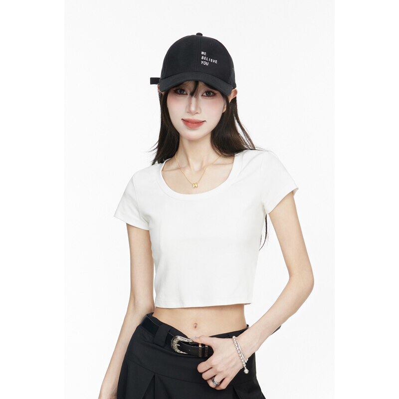 白色圆领正肩短袖t恤女20